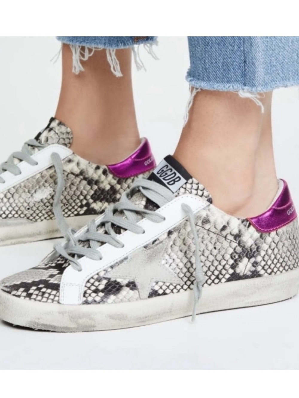 Golden Goose-style Python Print Low Top Sneakers with Pink Heel